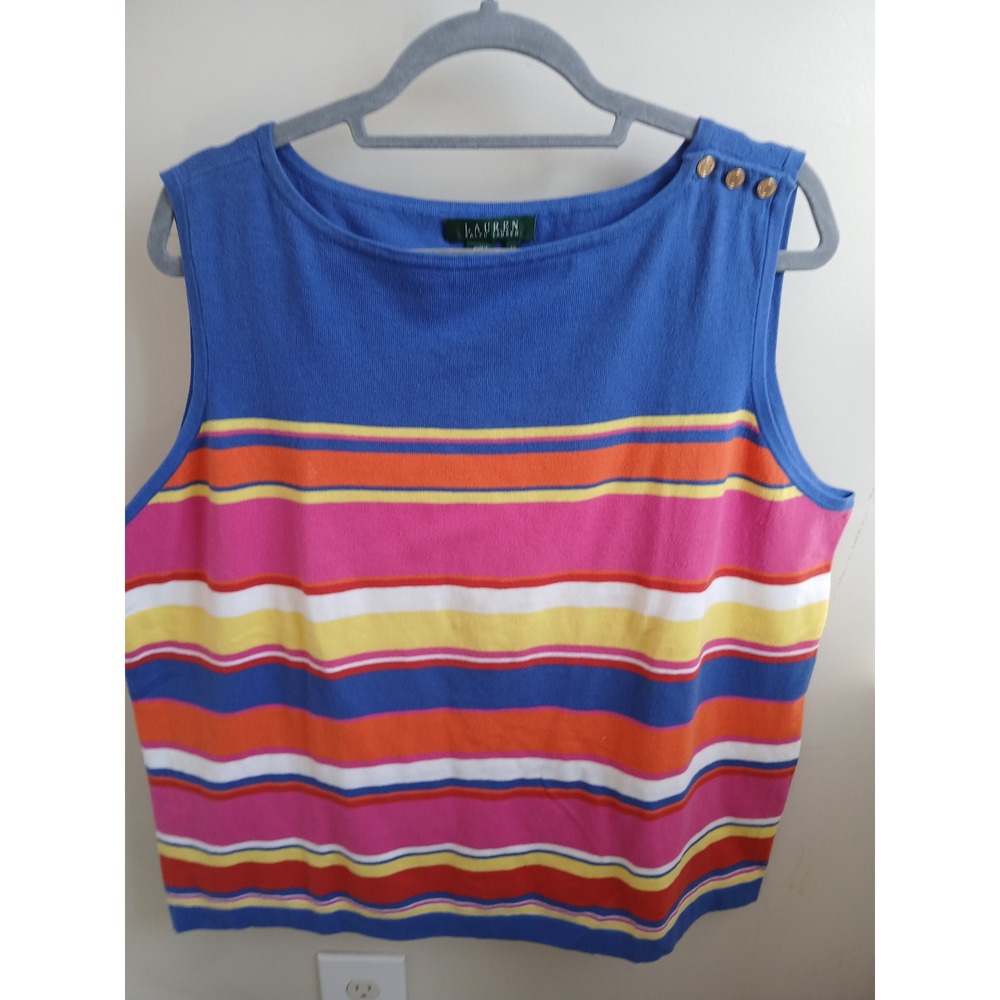 Lauren Ralph Lauren Womens‎  Striped Sleeveless Knit Top Gold Button Detail 2X